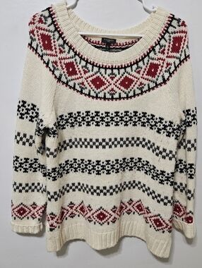 Talbots Sweater Fair Isle Nordic Wool blend Large Petite White Red Knit Pullover